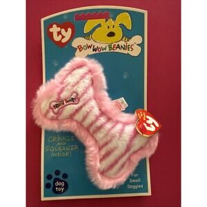 Ty Bow Wow Beanies - LIL' PINK STRIPE BONE - Crinkle/Squeak Toy NEW Retired